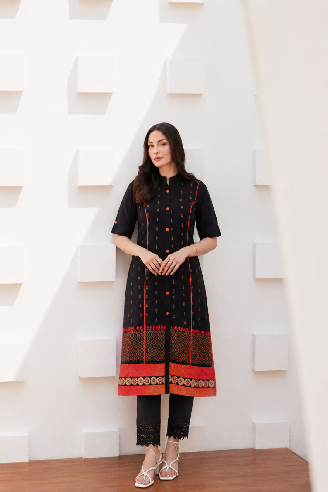 Black Floral Embroidered Roll Up Sleeves Pure Cotton Kurta