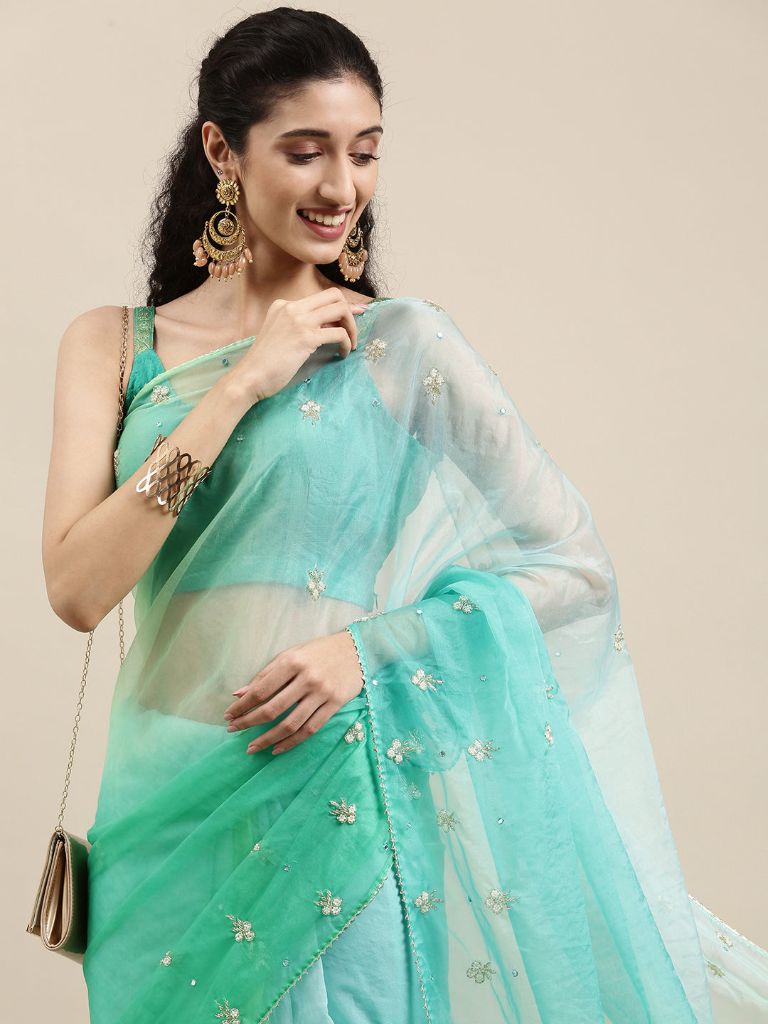 Green Shaded Gota Patti Work Lace Border Organza Saree