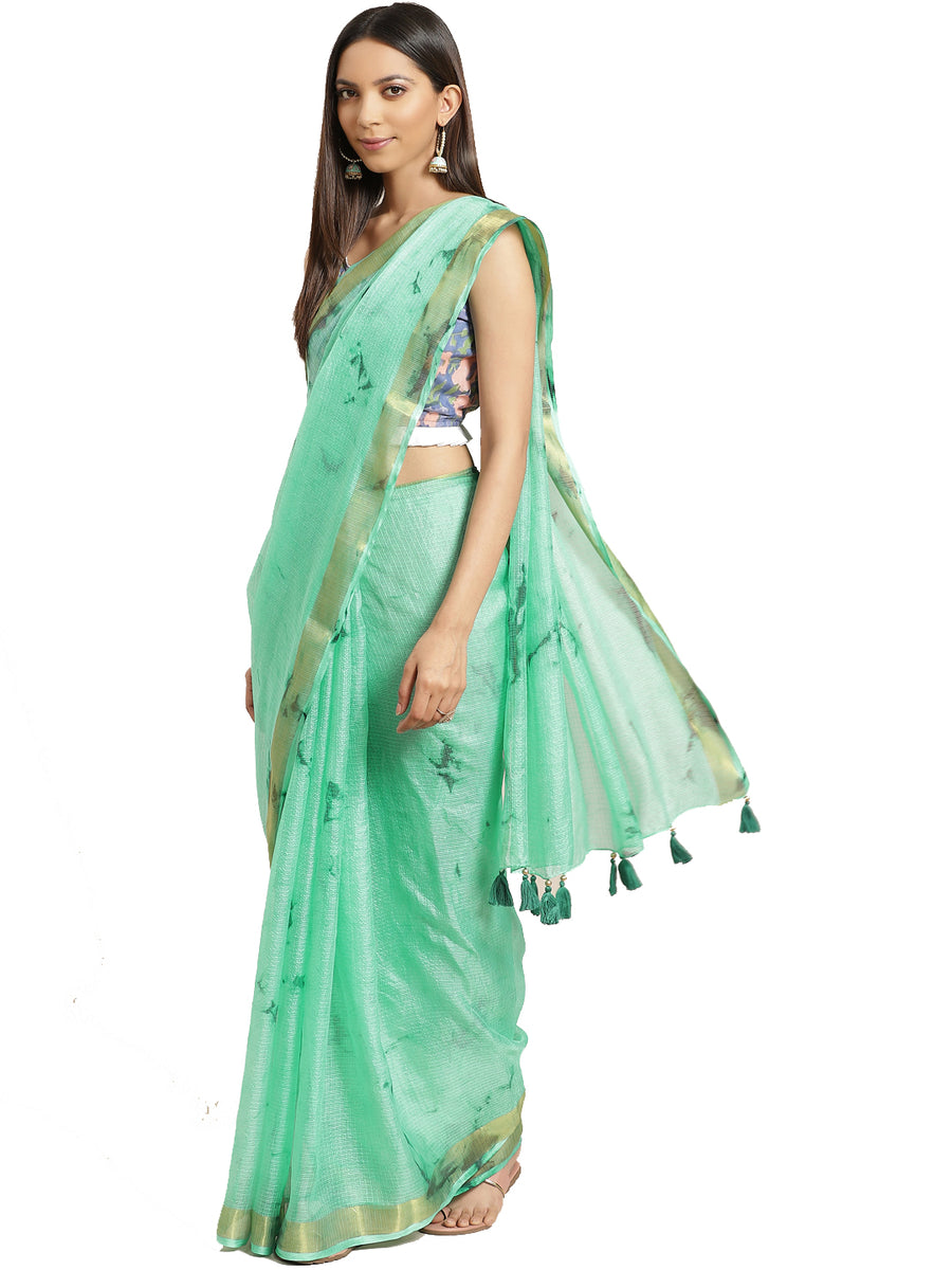Green Hand-Dyed Zari Border Kota Doria Silk Saree