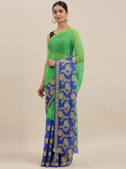 Blue & Green Bandhani Zari Work Chiffon Saree