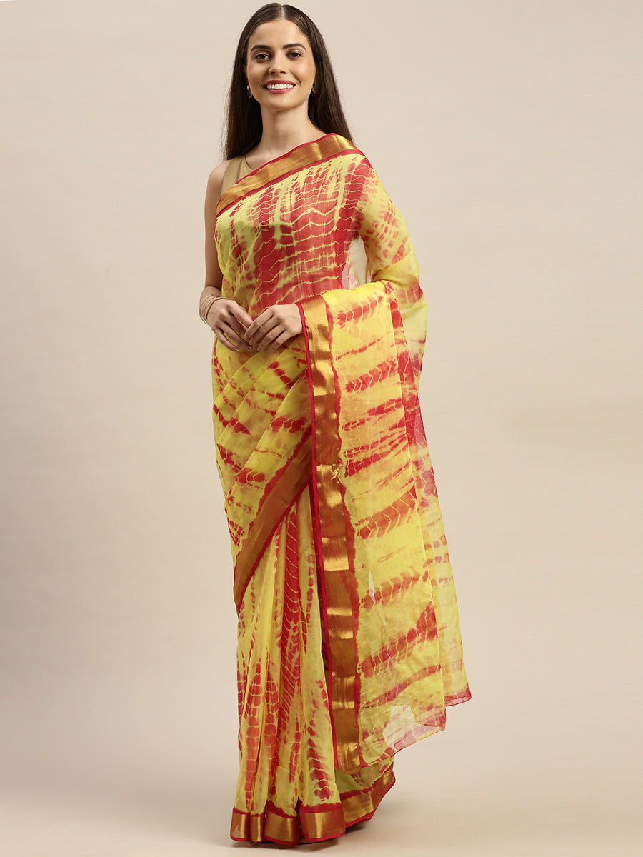 Yellow Shibori Print Zari Border Chiffon Saree