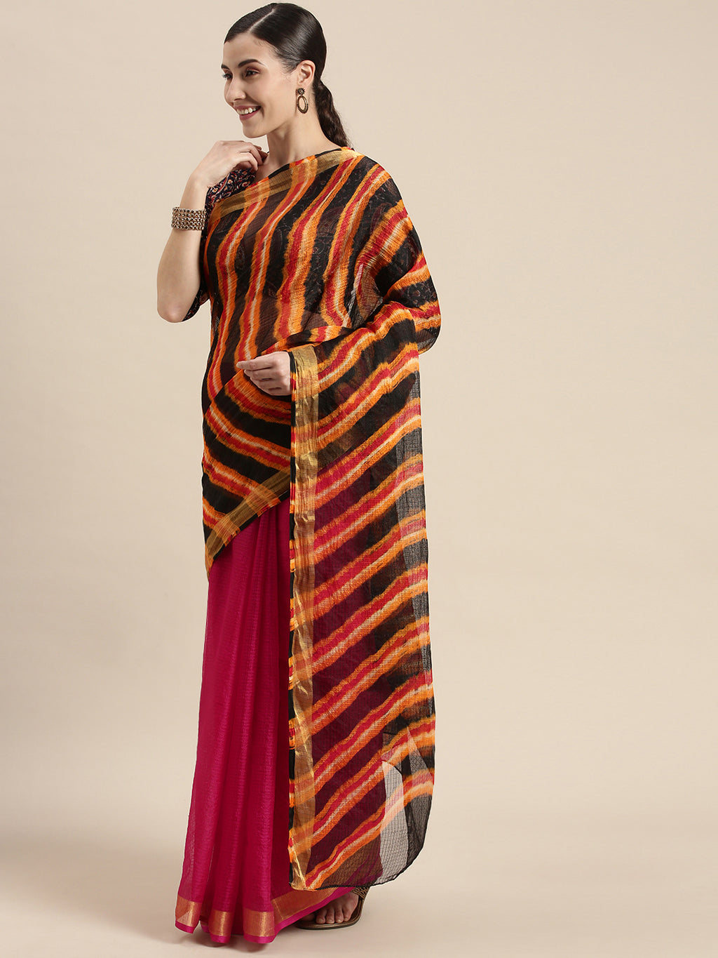 Pink Hand Dyed Leheriya Kota Doria Silk Saree