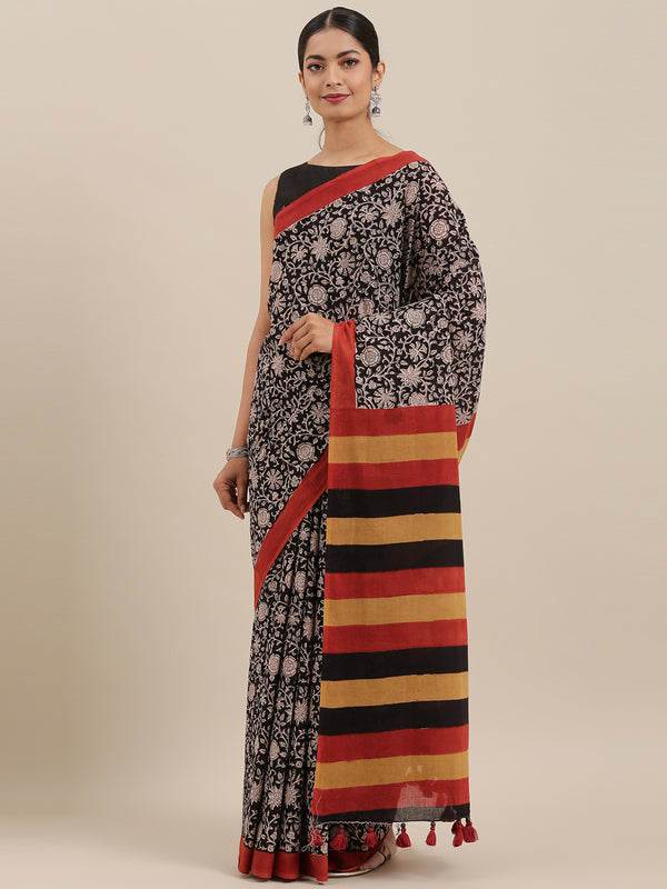 Black & Red Bagru Hand Block Printed Pure Cotton Saree