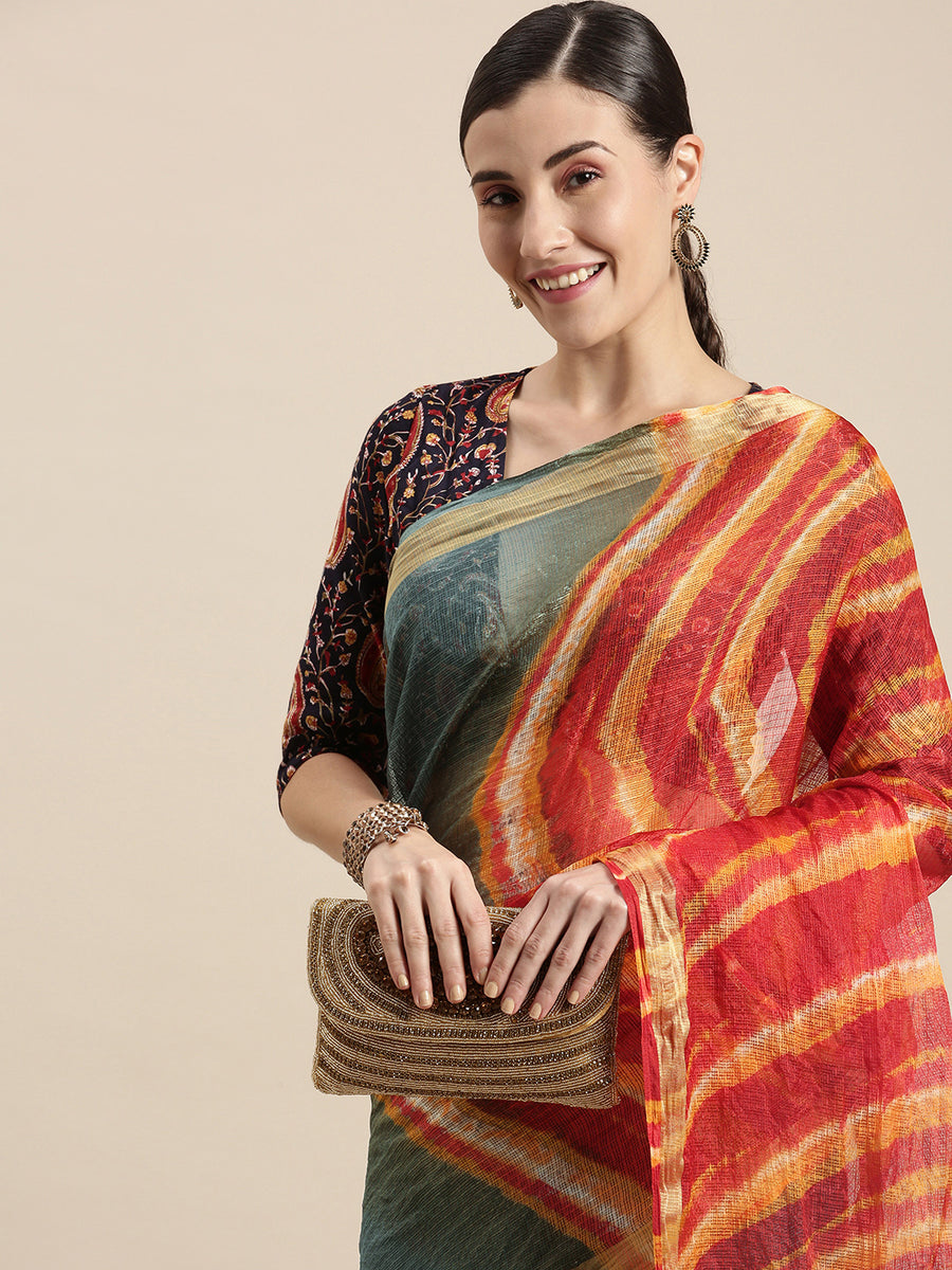 Multi Color Hand Dyed Leheriya Zari Border Kota Doria Silk Saree