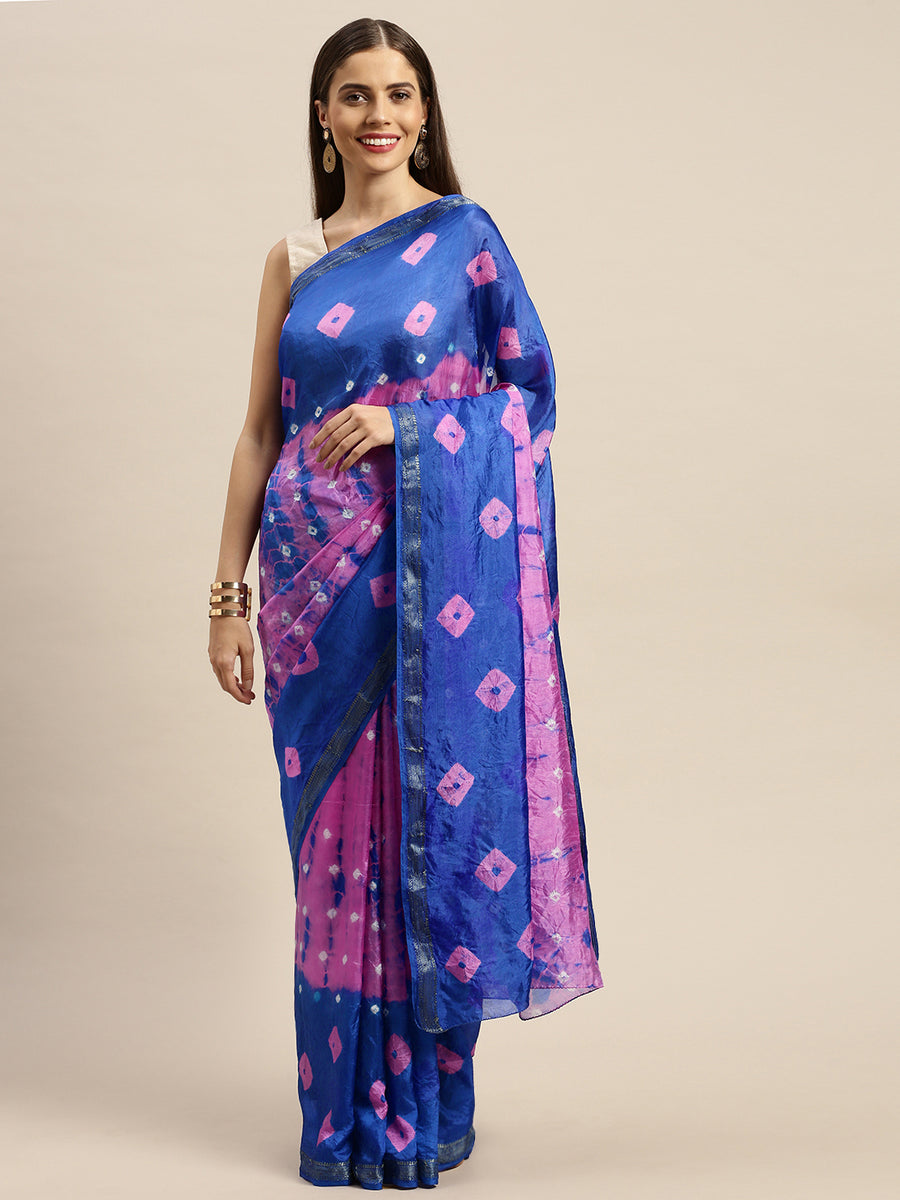 Blue & Pink Bandhani Art Silk Saree