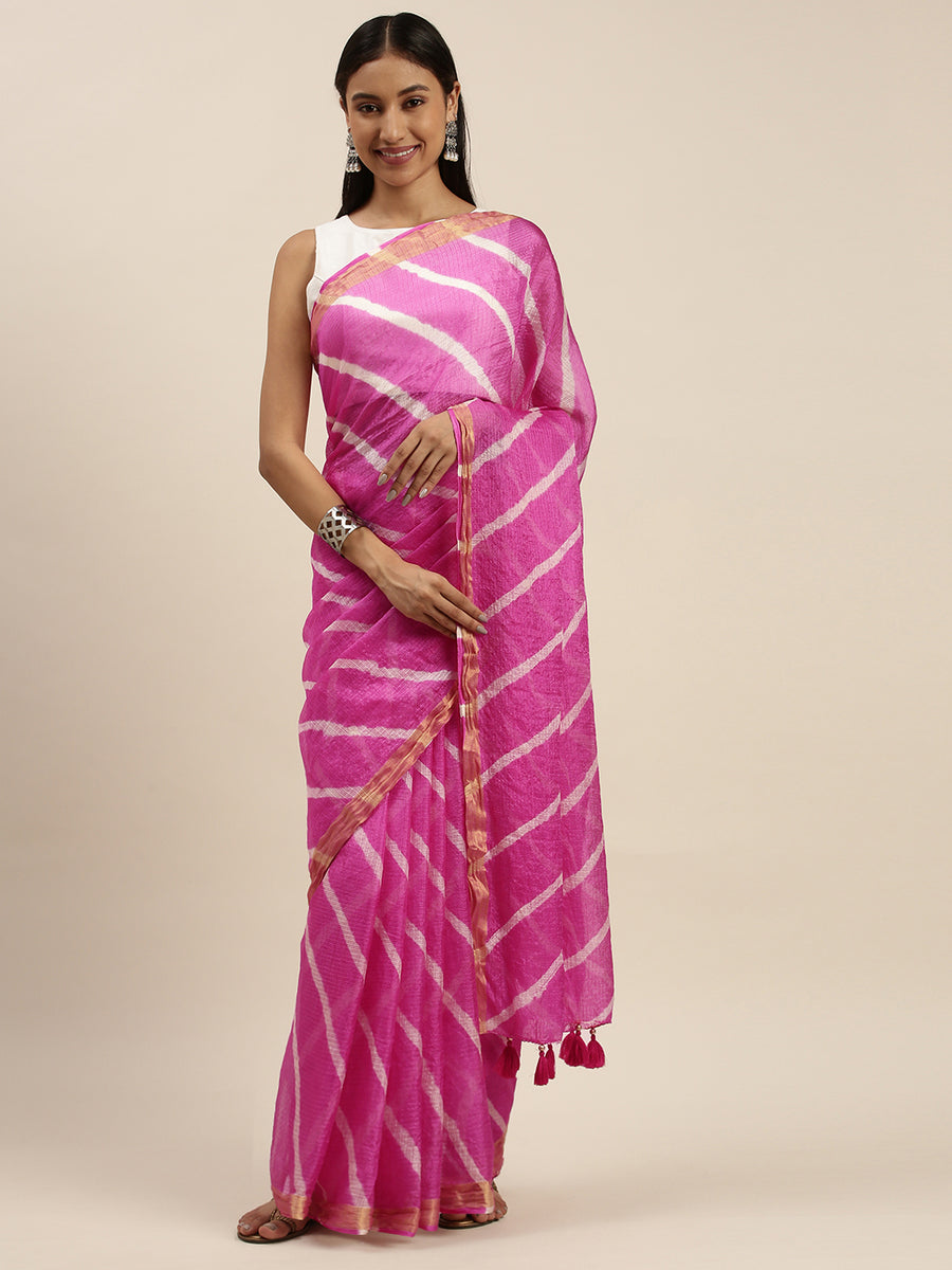 Pink Hand Dyed Leheriya Kota Doria Silk Saree