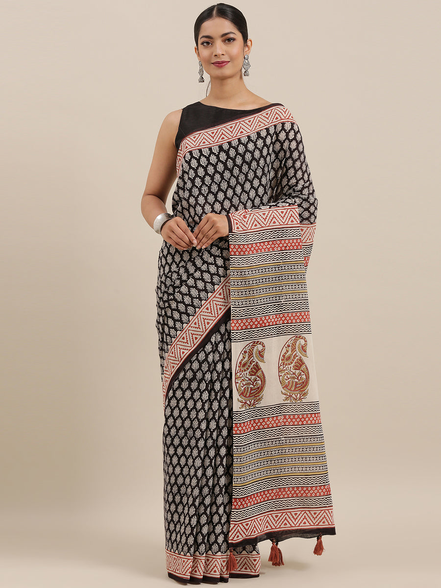 Black & Maroon Hand Block Printed Bagru Cotton Sustainable Saree