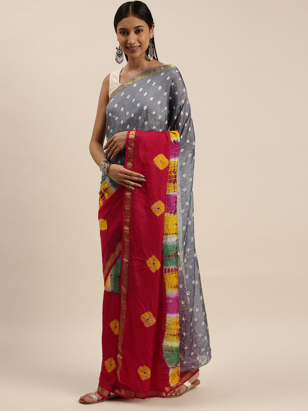 Red & Grey Bandhani Art Silk Saree With Zari Border