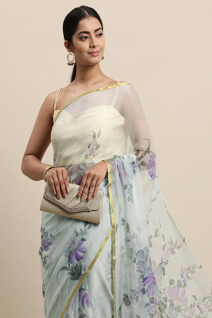 Grey and Purple Hand Painted Floral Chiffon Saree