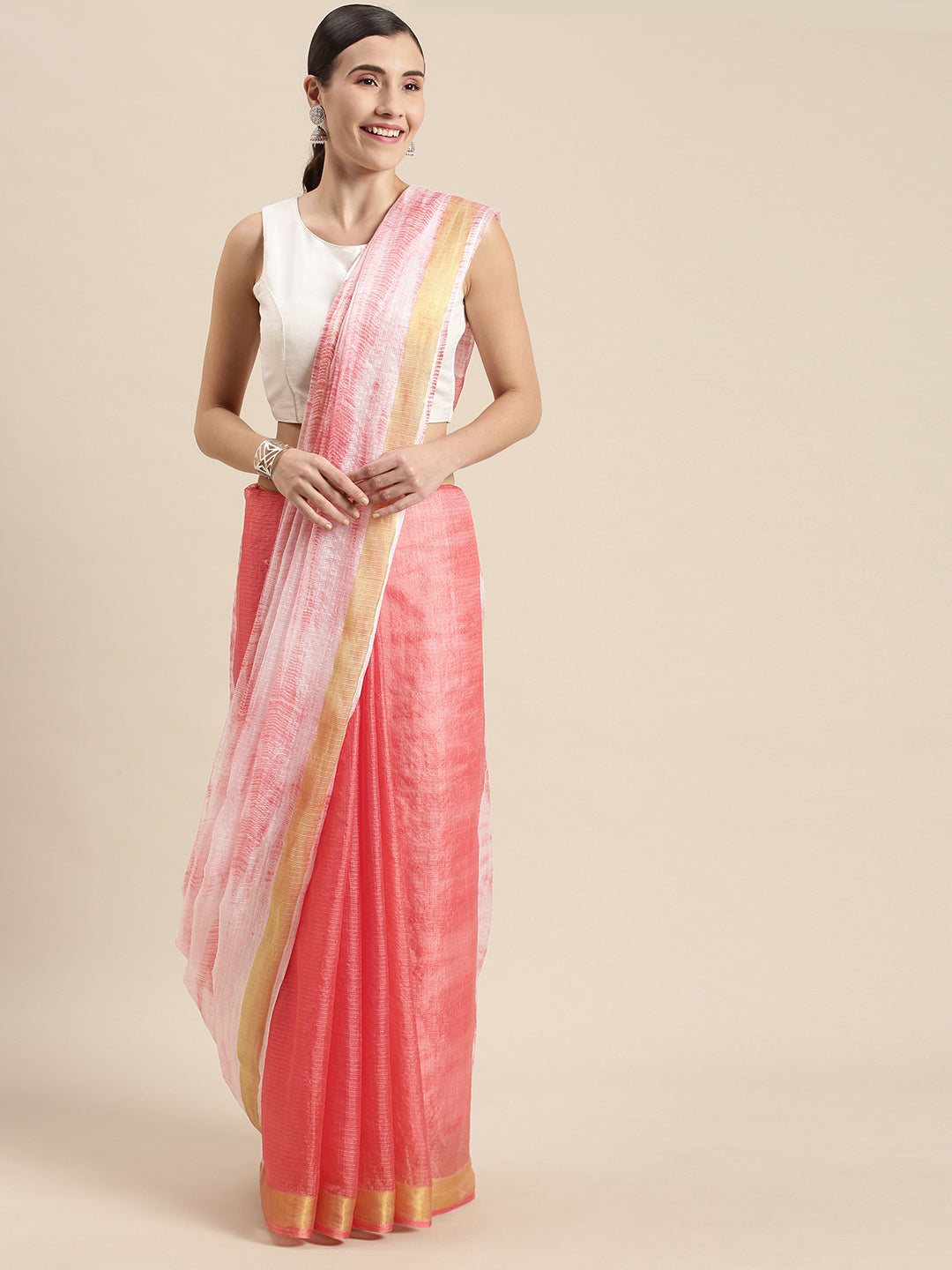 Peach Shibori Print Kota Doria Silk Saree With Zari Border