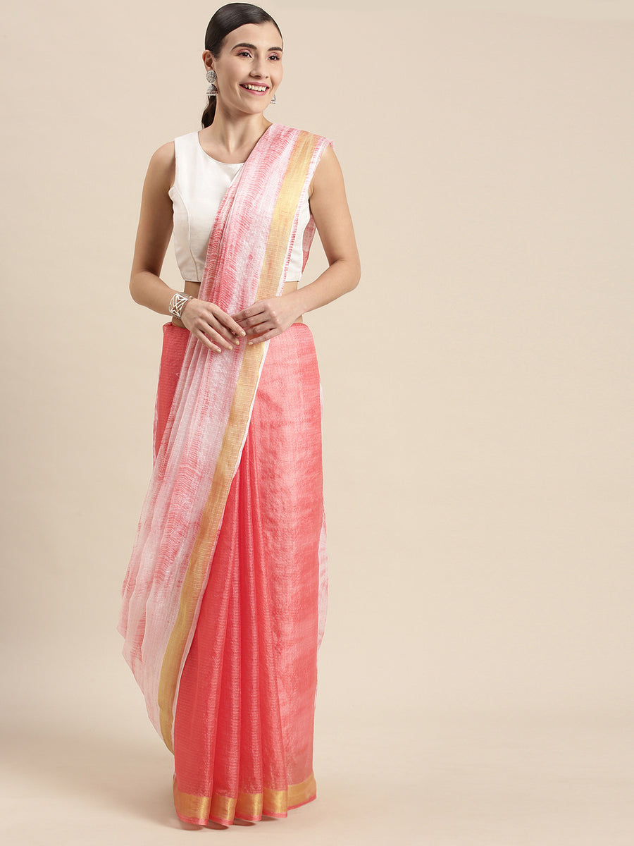 Peach Shibori Print Kota Doria Silk Saree With Zari Border