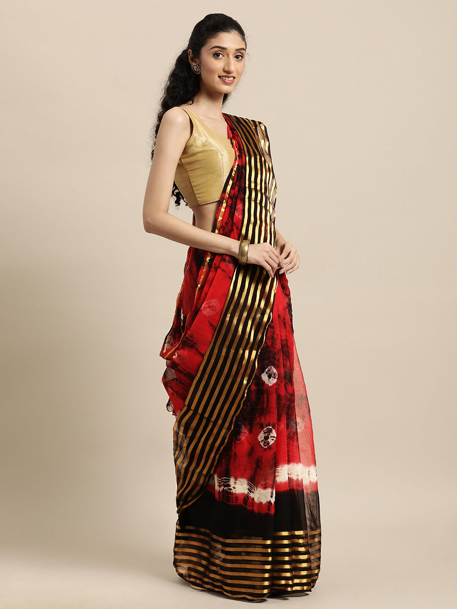 Red Hand Dyed Shibori Zari Work Art Silk Saree