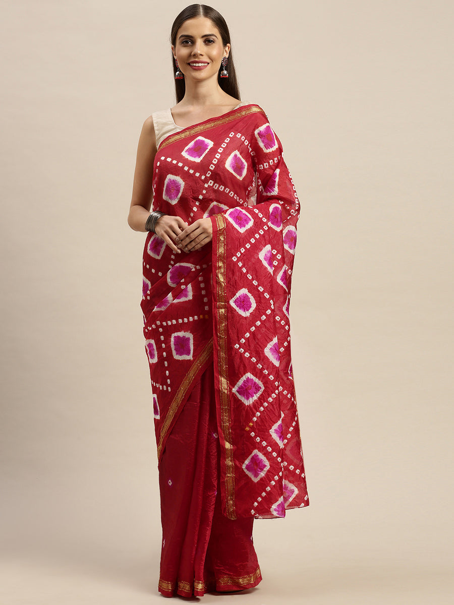 Maroon Bandhani Zari Work Art Silk Saree