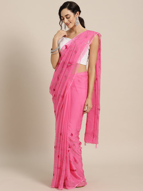 Pink Chiffon Embroidered Saree