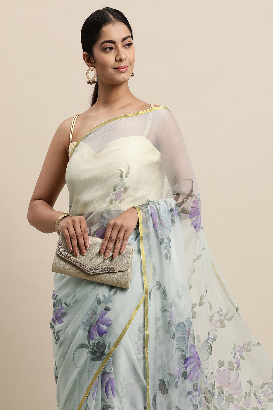 Grey And Purple Hand Painted Floral Chiffon Saree