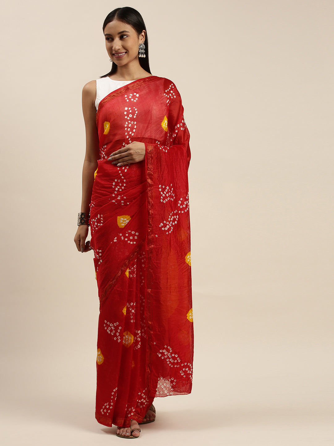 Red Bandhani Art Silk Saree With Zari Border