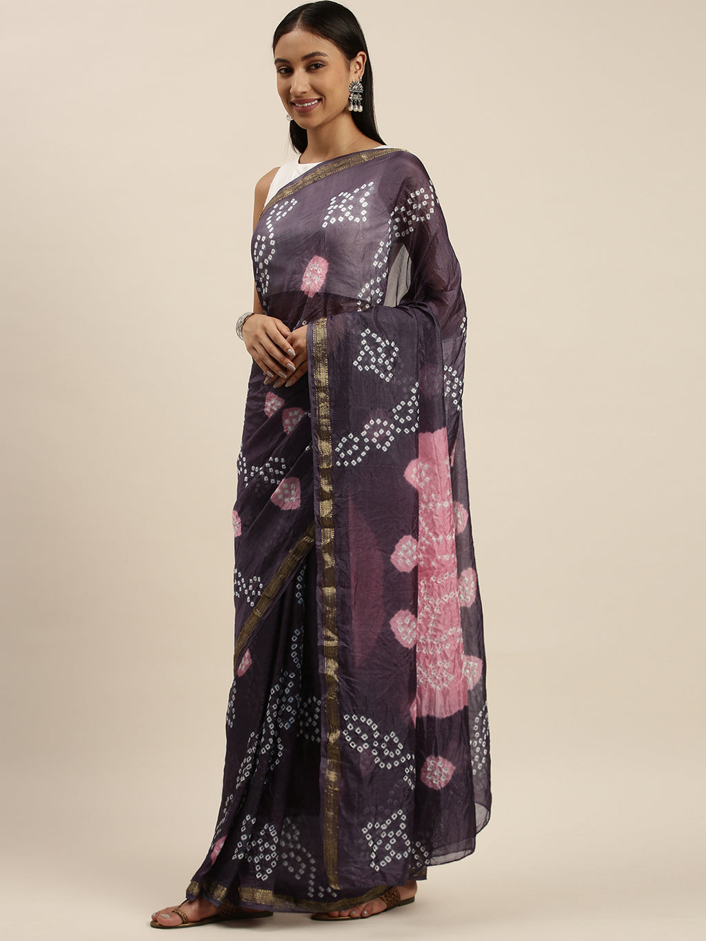Grey Hand Dyed Bandhani Zari Work Art Silk Saree