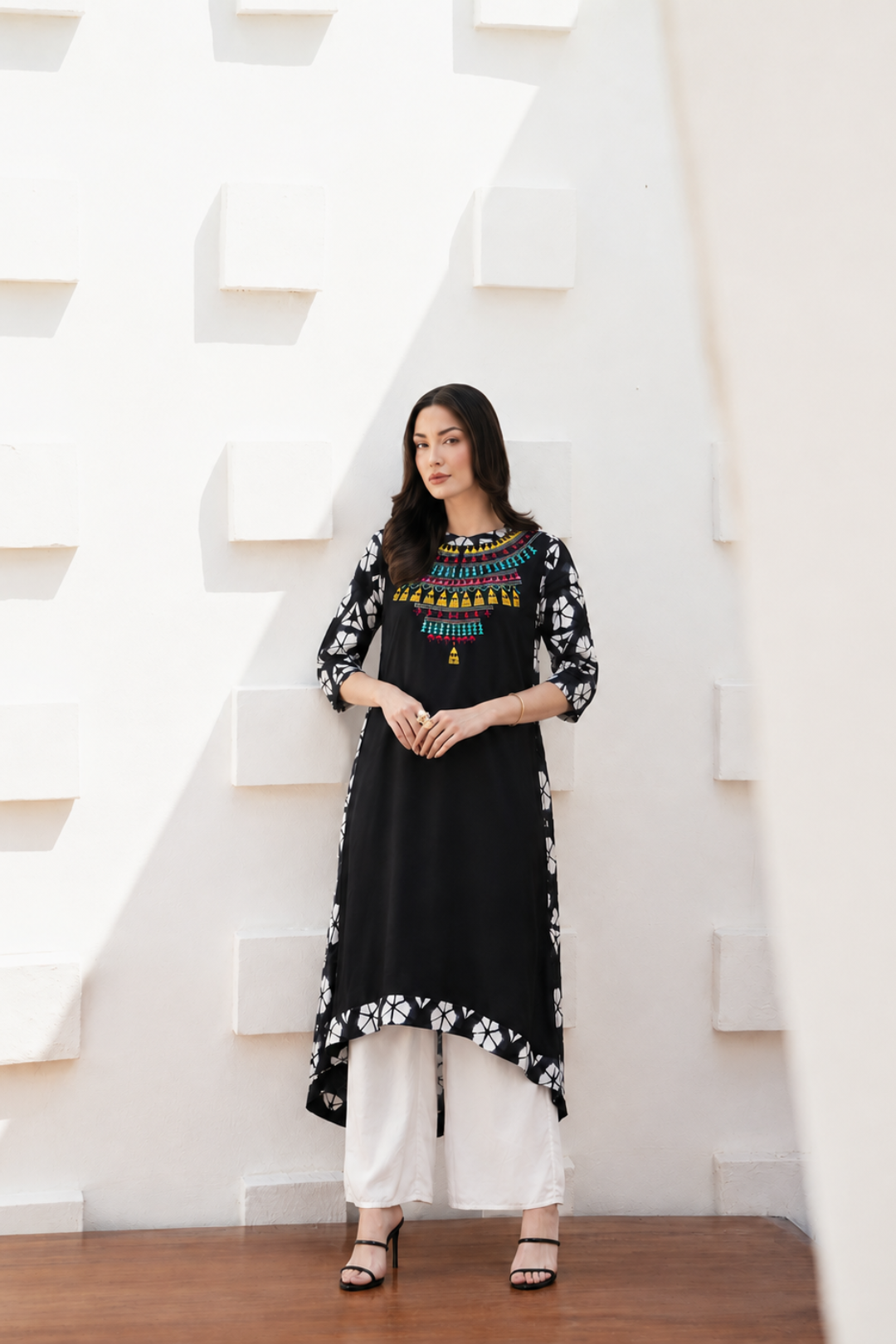 Black Hand Embroidered A-Line Rayon Sustainable Kurta