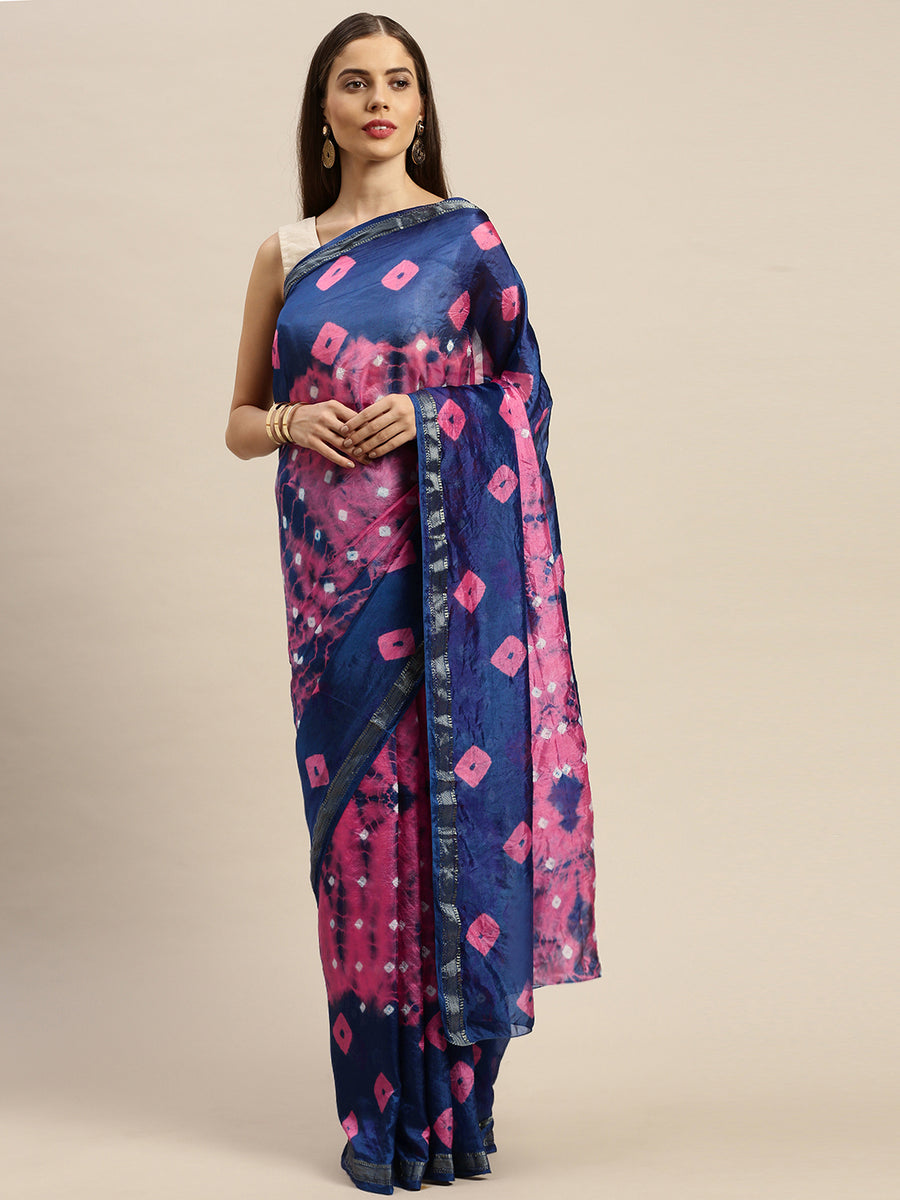 Pink & Blue Bandhani Art Silk Saree