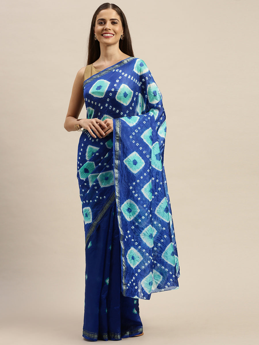 Blue Hand Dyed Bandhani Art Silk Saree With Zari Border