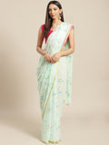 Blue Hand Painted Chiffon Saree With Zari Border