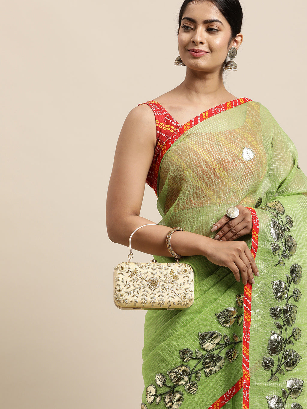 Green Floral Printed Gota Patti Work Lace Border Kota Doria Saree