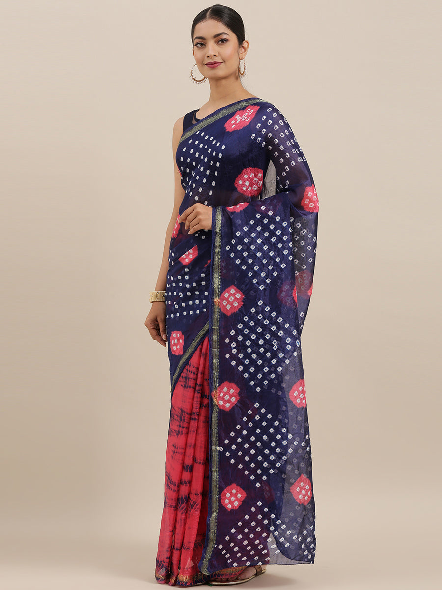 Pink & Blue Art Silk Bandhani Saree