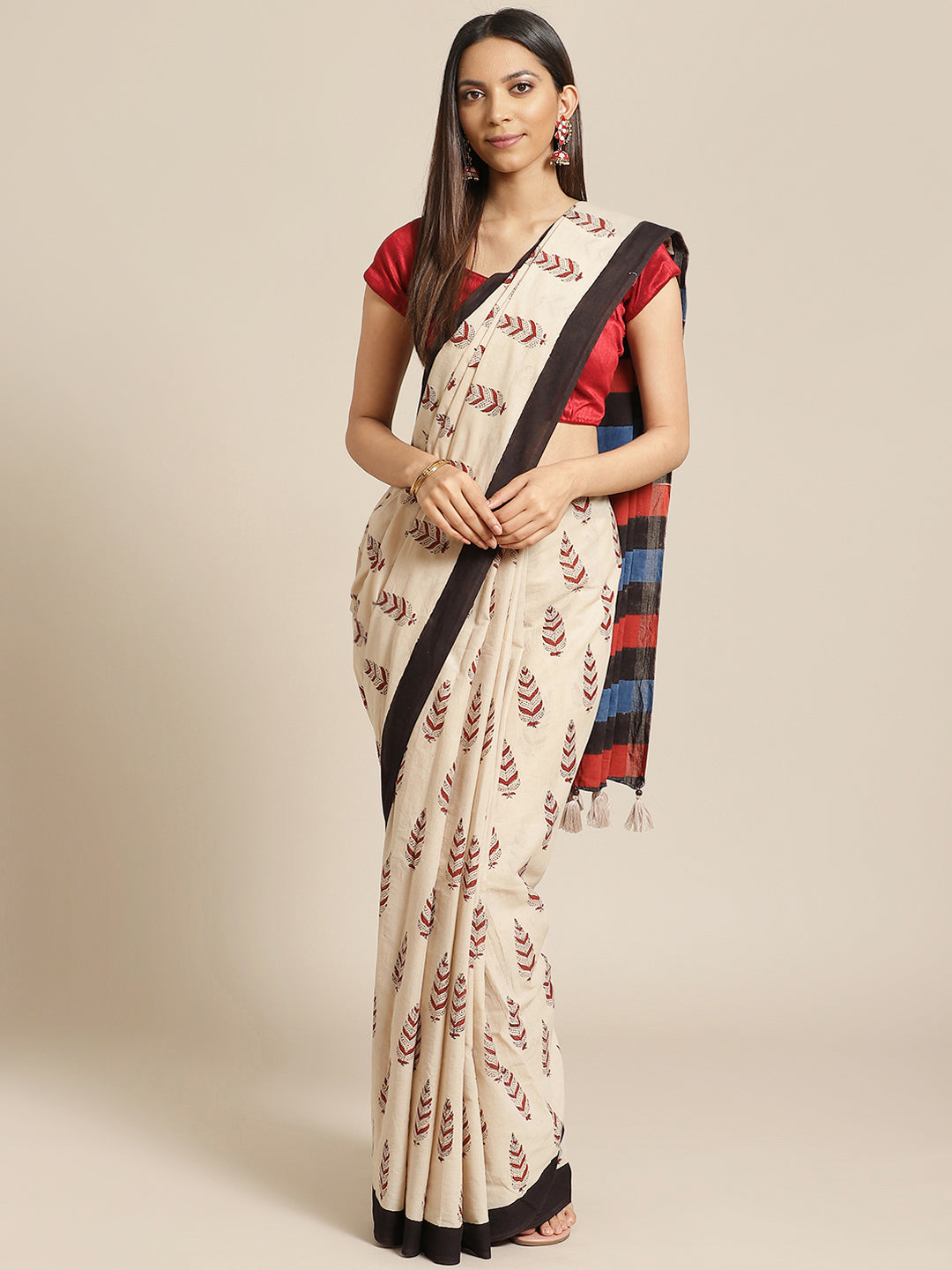 Beige Indigo Hand Block Printed Bagru Cotton Sustainable Saree