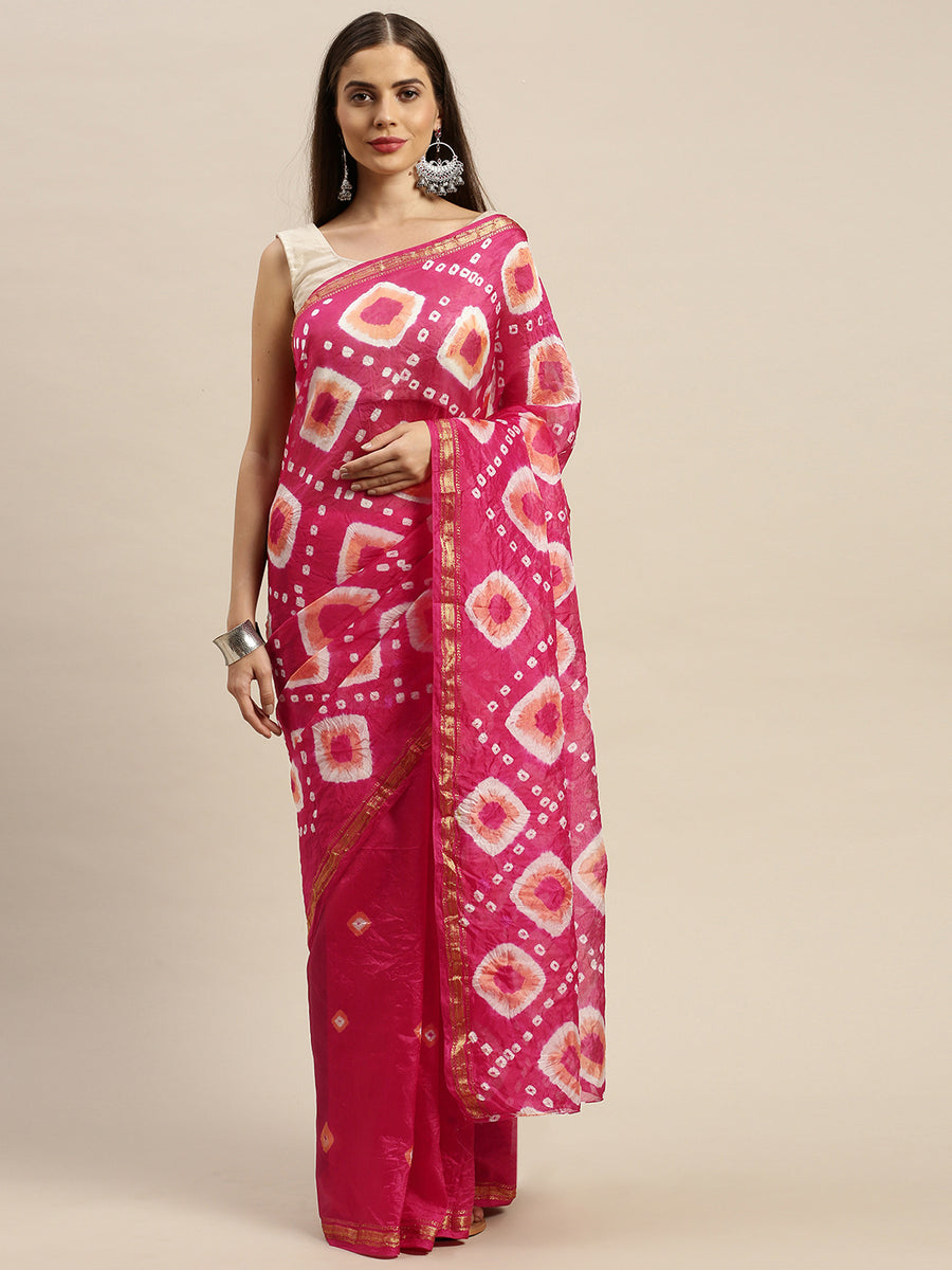 Pink & White Hand Dyed Bandhani Zari Work Art Silk Saree
