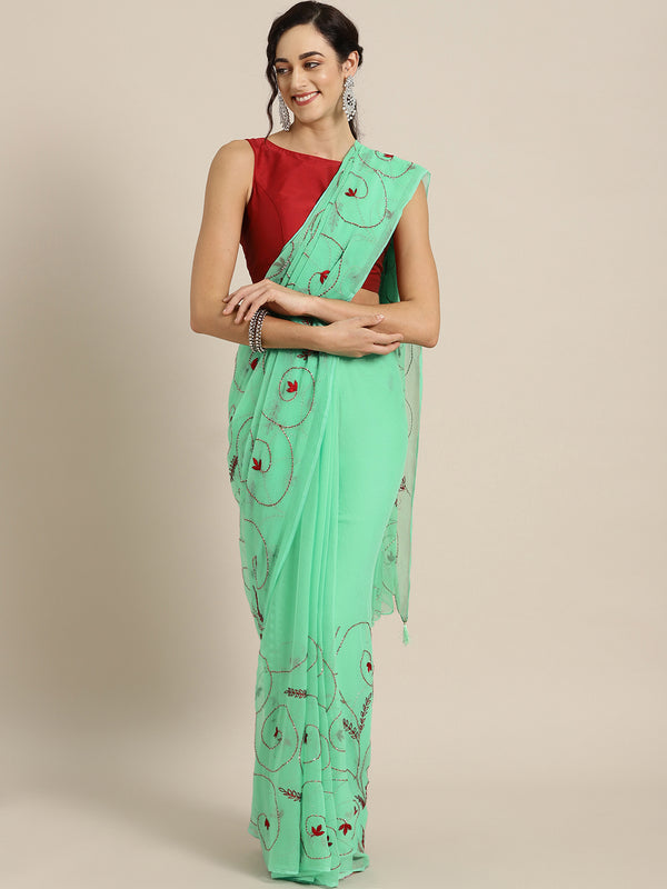 Green Chiffon Embroidered Saree