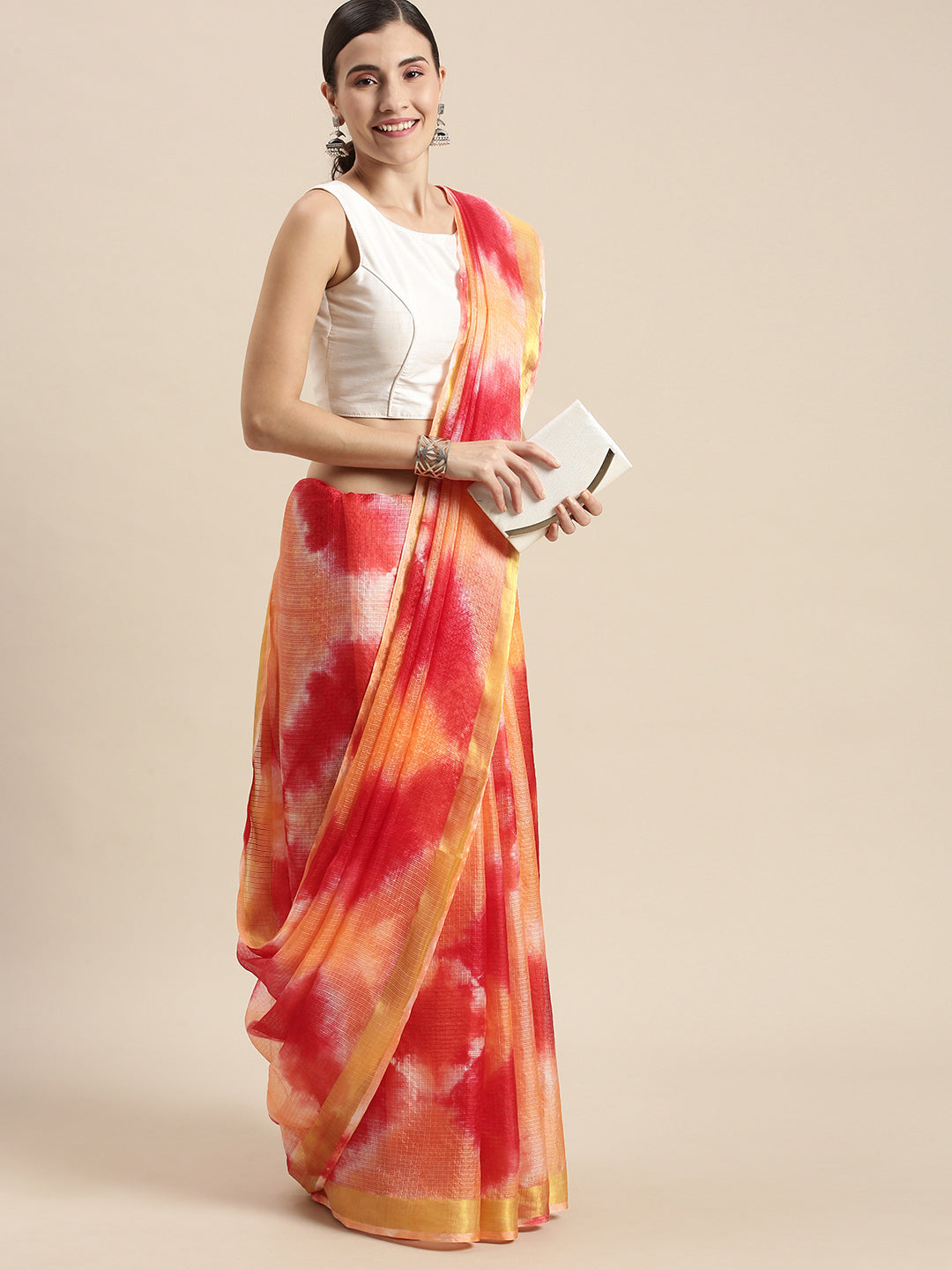 Red Shibori Print Zari Border Kota Doria Silk Saree