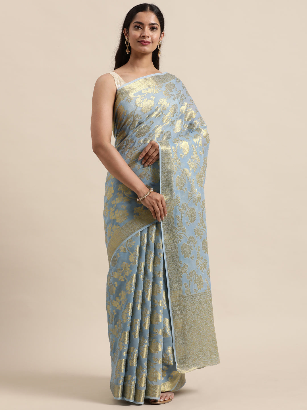 Grey Floral Printed Zari Work Georgette Saree