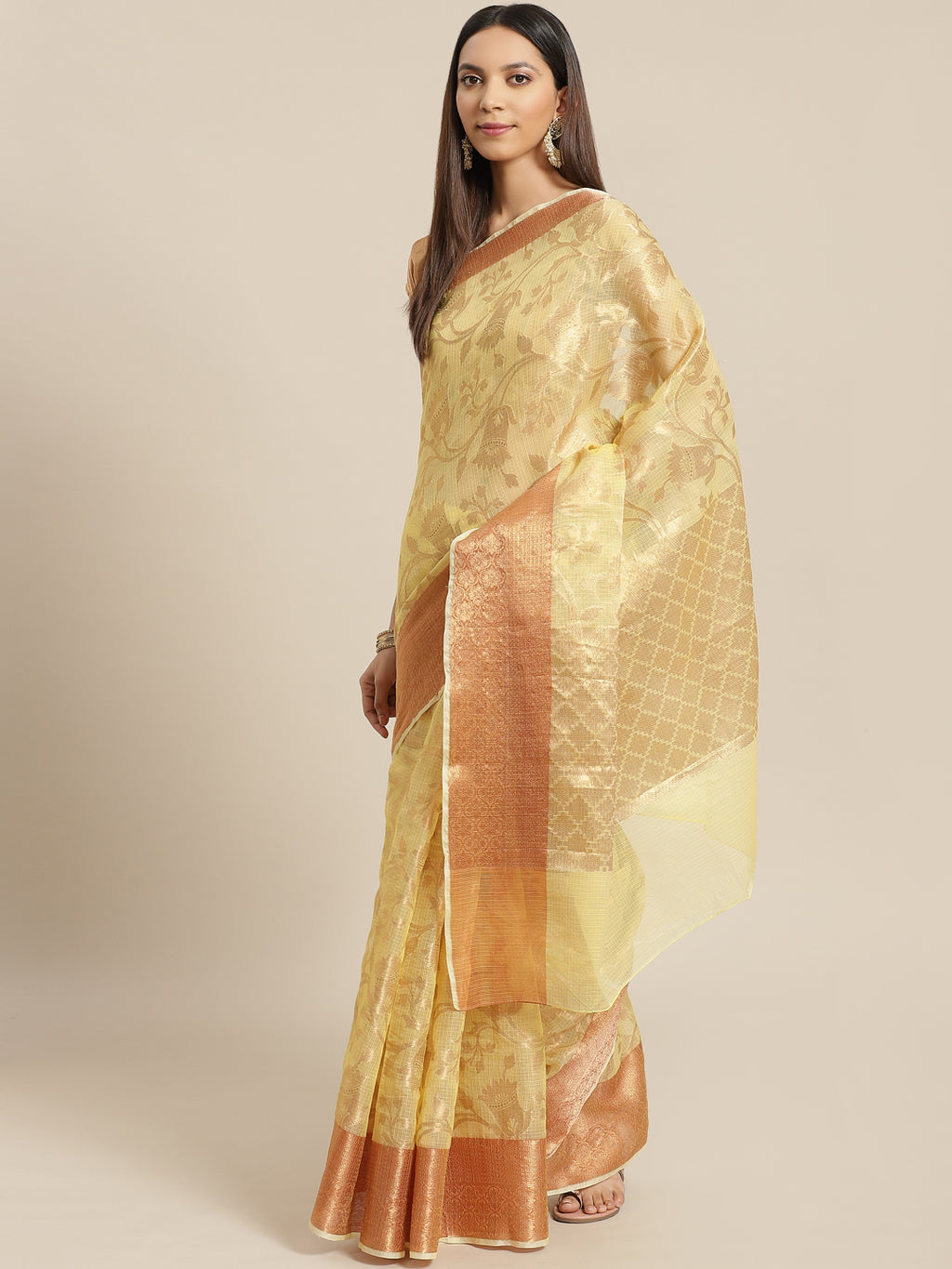 Yellow Floral Printed Zari Woven Design Kota Doria Silk Saree