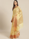 Yellow Floral Printed Zari Woven Design Kota Doria Silk Saree