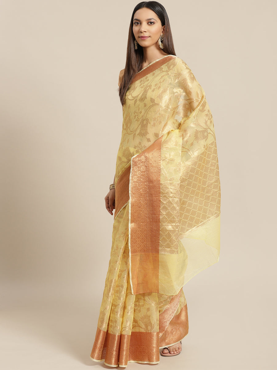Yellow Floral Printed Zari Woven Design Kota Doria Silk Saree