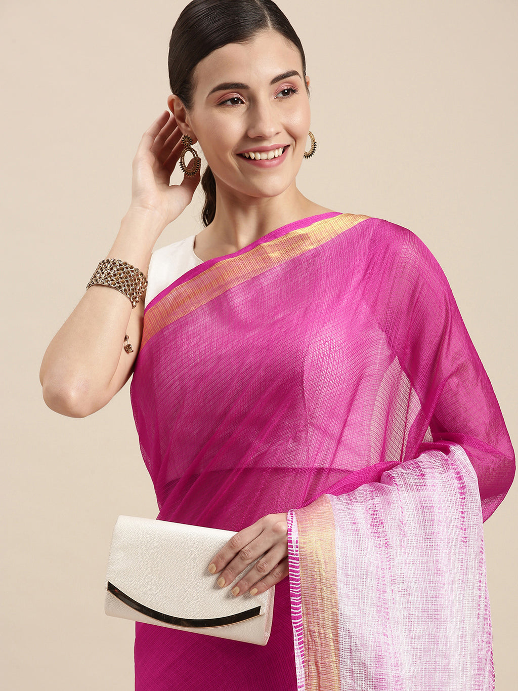 Pink Hand Dyed Shibori Art Kota Silk Saree