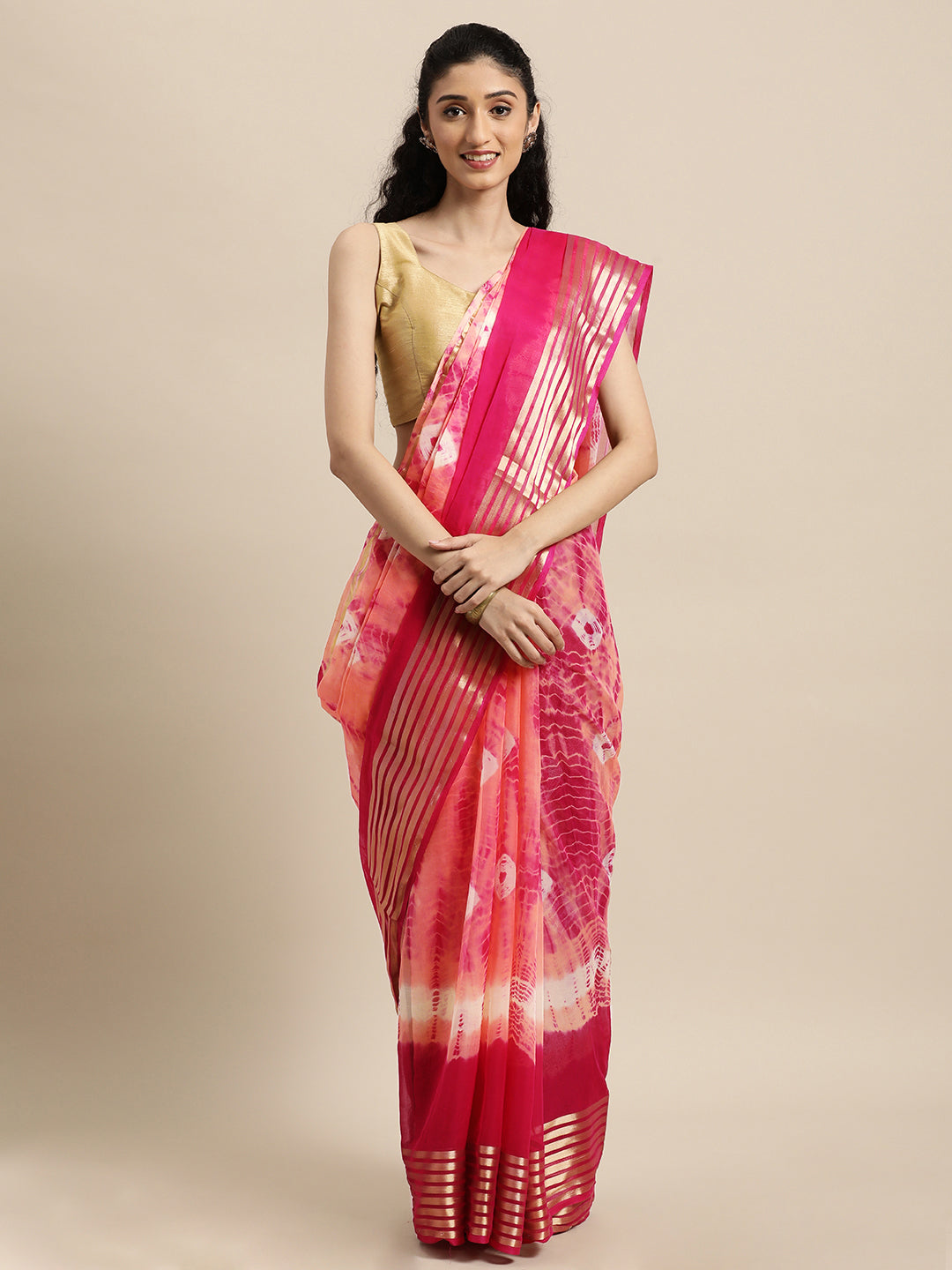 Pink Hand Dyed Shibori Zari Work Art Silk Saree