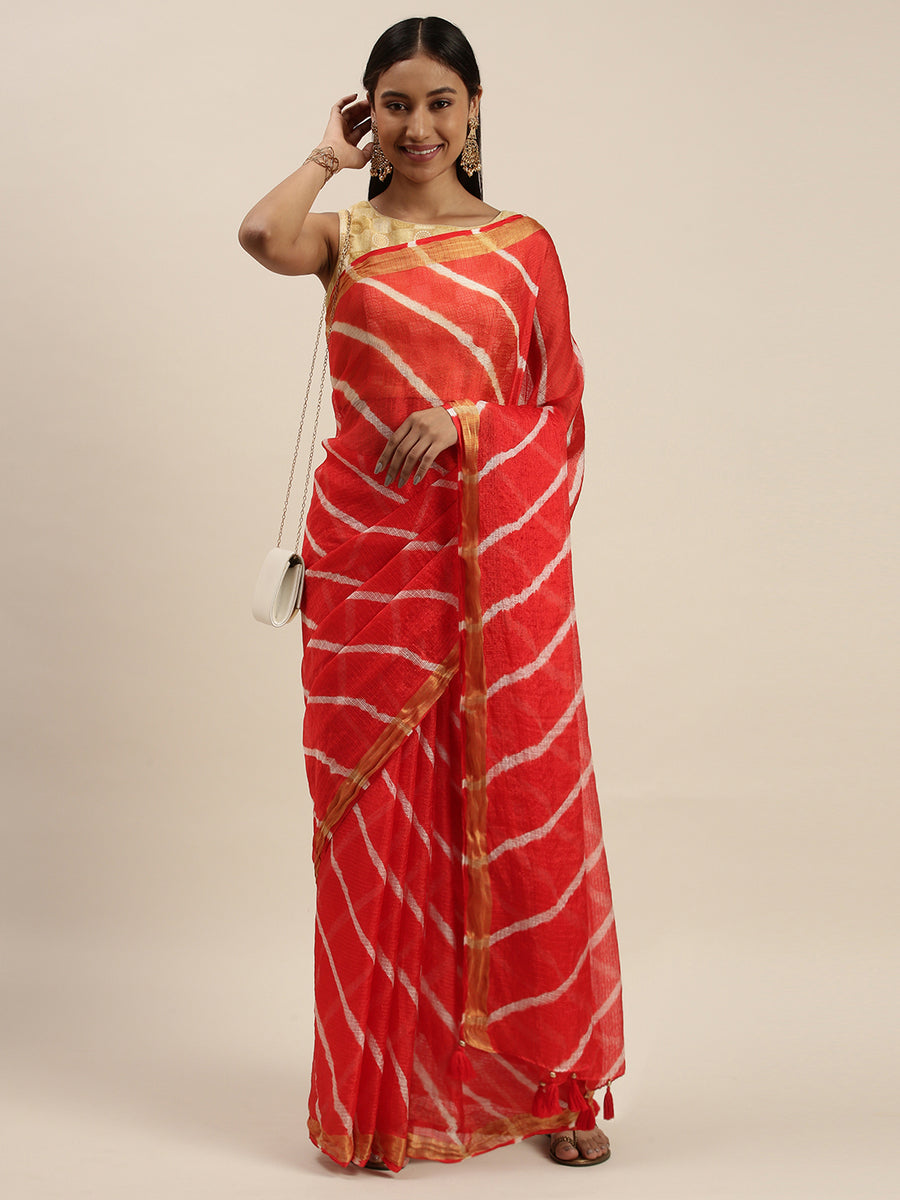 Red Hand Dyed Leheriya Zari Border Kota Doria Saree