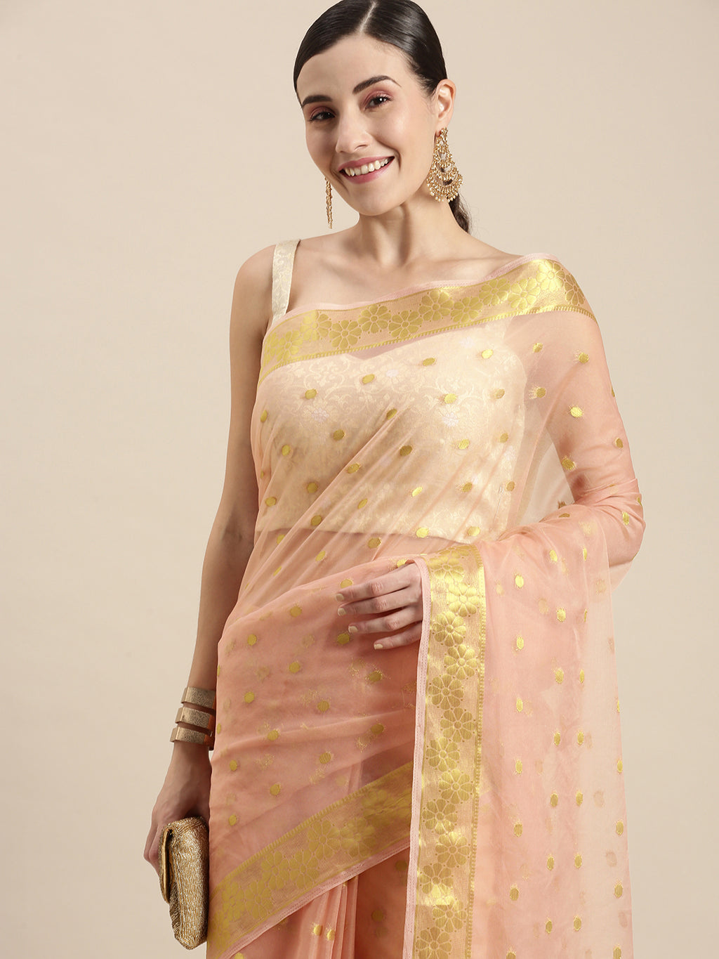 Pink Floral Printed Organza Saree