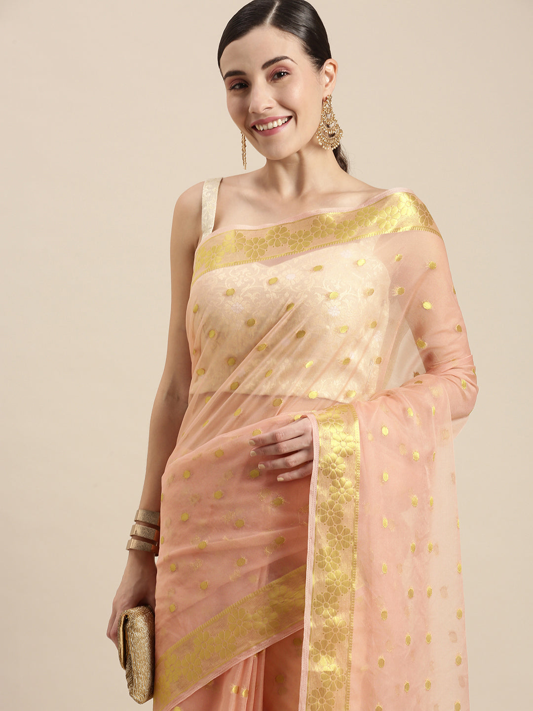 Pink Floral Printed Organza Saree