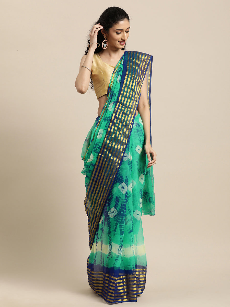 Green Hand Dyed Shibori Zari Work Chiffon Saree