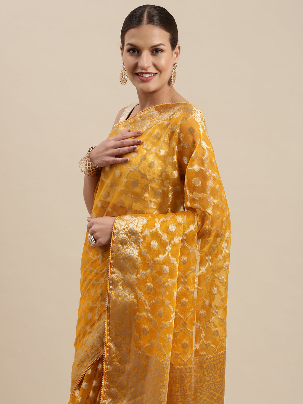 Yellow Floral Zari Organza Banarasi Saree
