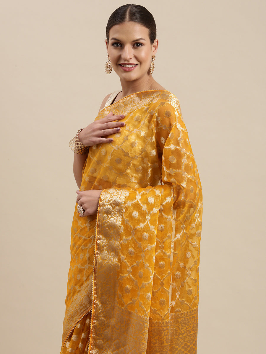 Yellow Floral Zari Organza Banarasi Saree