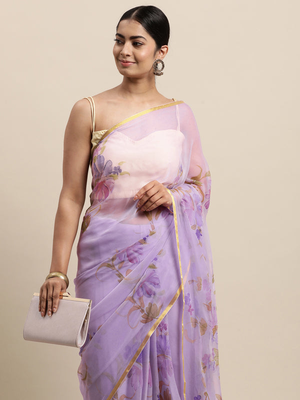 Geroo Jaipur Lavender Floral Hand Painted Chiffon Saree