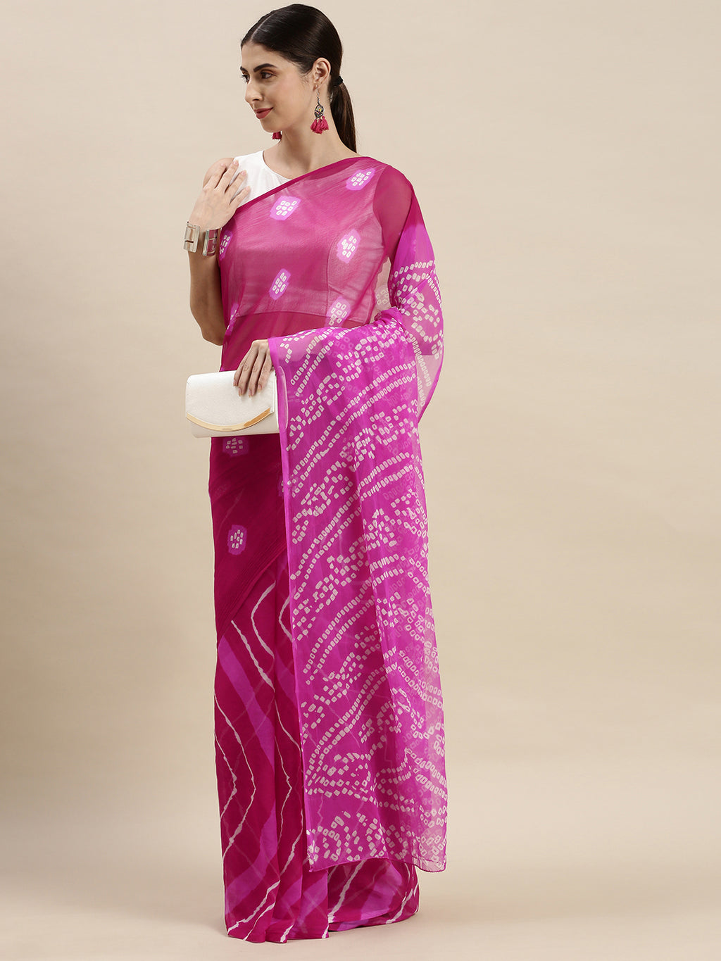 Pink Hand Dyed Leheriya Chiffon Saree