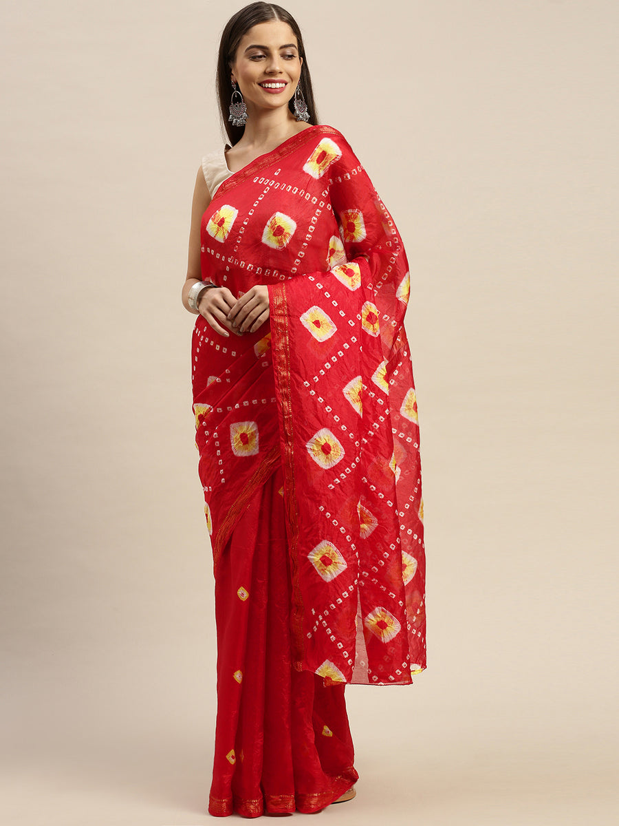 Red Hand-Dyed Bandhani Art Silk Saree