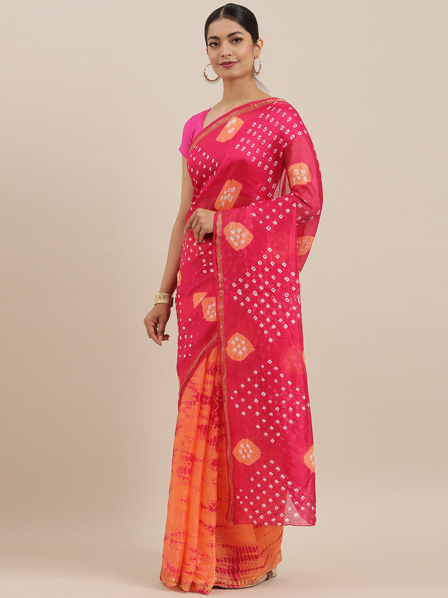 Pink & Orange Bandhani Zari Border Art Silk Saree