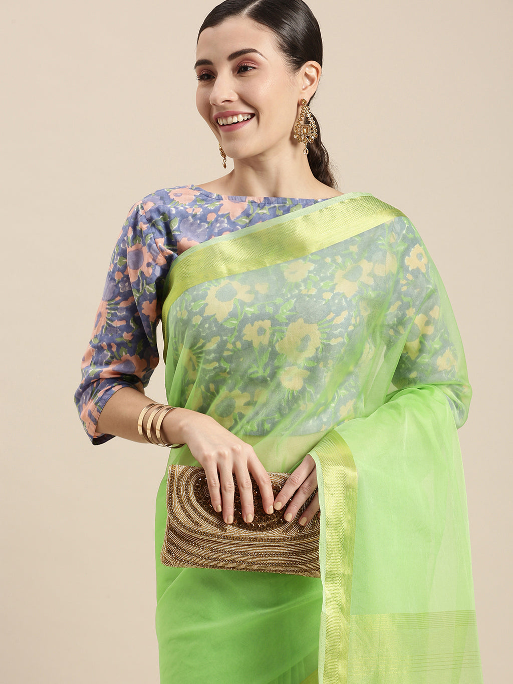 Green Zari Border Organza Saree