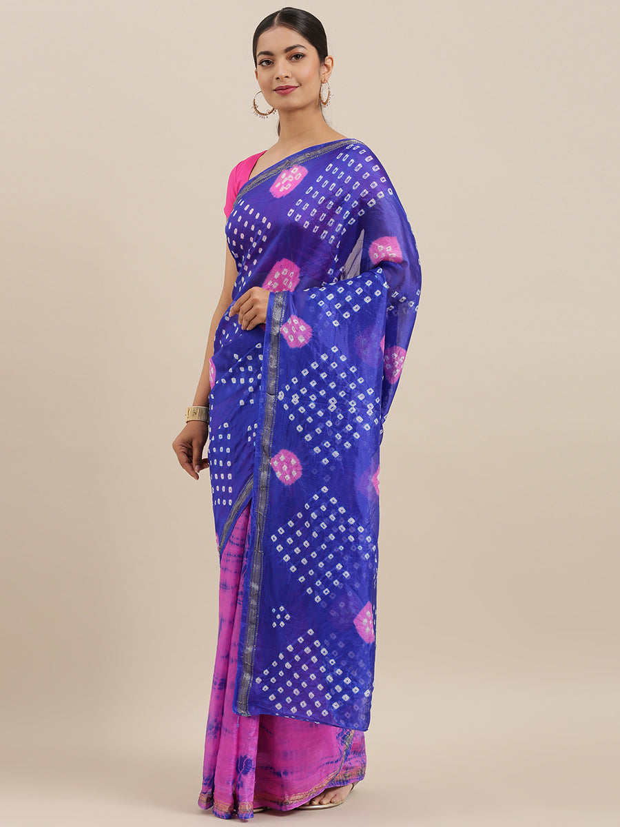 Pink & Blue Bandhani Zari Border Art Silk Saree