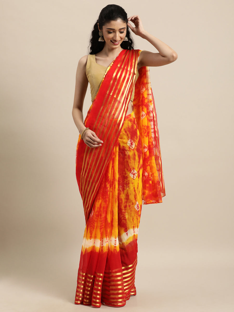 Red-Yellow Bandhani Art Silk With Zari Border Saree
